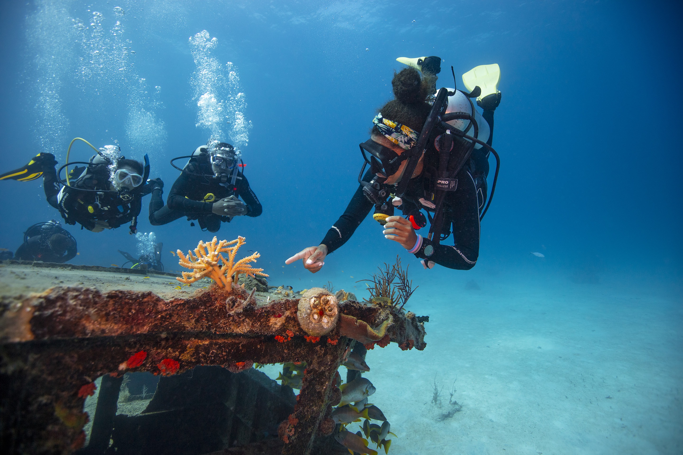 PADI Instructor teaching students underwater